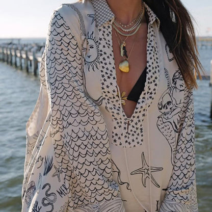 💕2025 HOT SALE 50% UIT💕 Satijnen Unieke Letter Print Kwastjes Shirt en Elastische Taille Korte Set