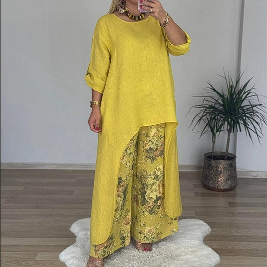 Women's Asymmetric Top & Printed Pants 2-Piece Set