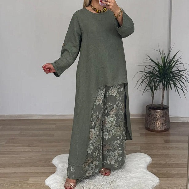 Women's Asymmetric Top & Printed Pants 2-Piece Set