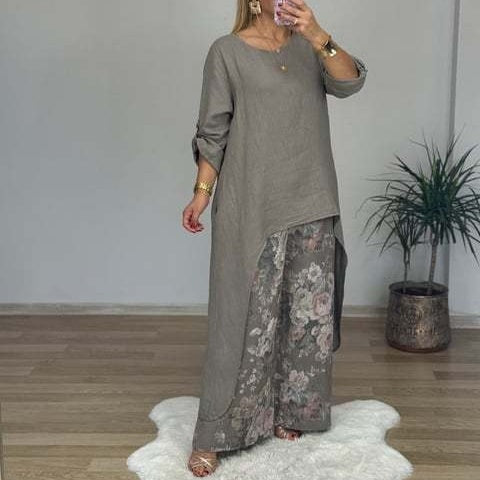 Women's Asymmetric Top & Printed Pants 2-Piece Set
