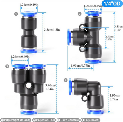 1/4 inch pneumatische push-to-connect luchtslangfittingen set