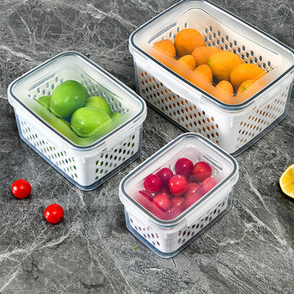 🌞Fris De Lente In Met 50% Korting!🥬3-Delige Vershoudbakjes met Vergiet – Lekvrije Stapelbare Koelkast Organizers voor Fruit en Groenten