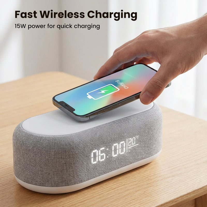 💘Tijdelijke Aanbieding: 50% Korting! 🔋6-in-1 Draadloos Laadstation 25W – Klok, Wekker, Bluetooth Speaker & Nachtlampje | All-in-One Nachtkastje!