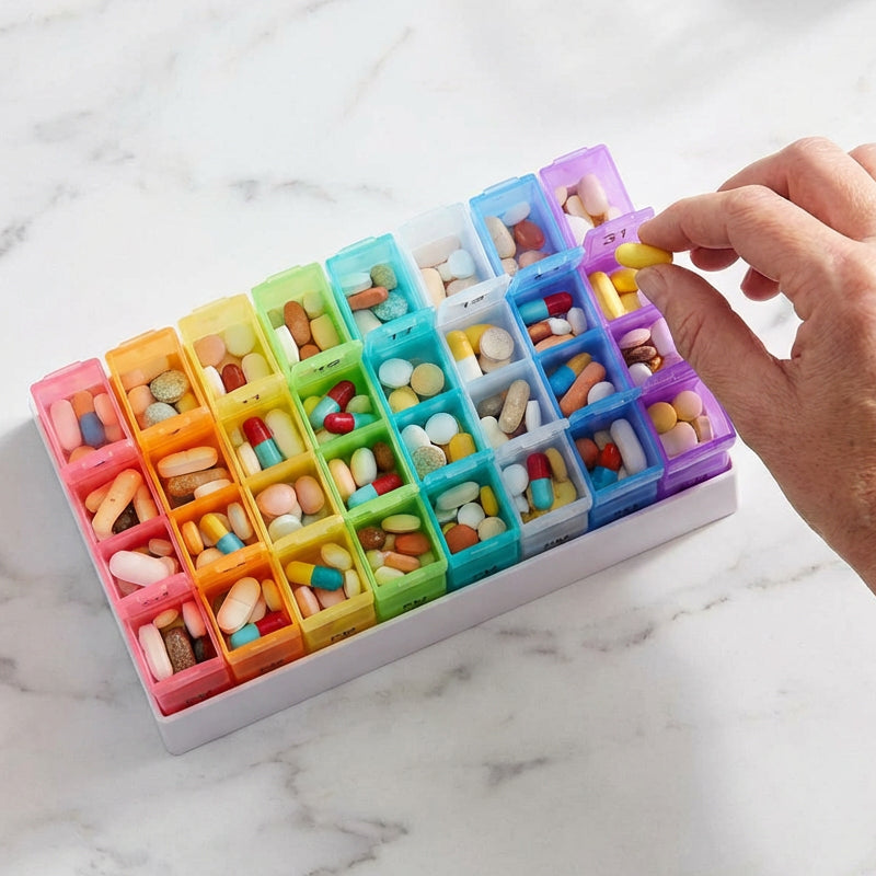💊📅 Dagelijkse 31-daagse pillendoosje voor op reis – 🔒📦 Medicijnendoosje voor 4 weken met vakjes en labels, ideaal voor weekplanning, vakanties en senioren, compacte opslag