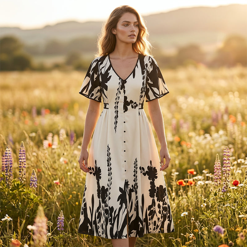👗 59% KORTING NU! 🌿 Zachte Botanische Print V-Hals Midi Jurk – Elegant, Lichtgewicht & Veelzijdig voor Elke Gelegenheid 🌸