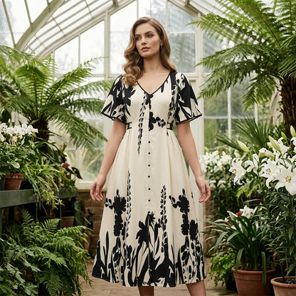 👗 59% KORTING NU! 🌿 Zachte Botanische Print V-Hals Midi Jurk – Elegant, Lichtgewicht & Veelzijdig voor Elke Gelegenheid 🌸