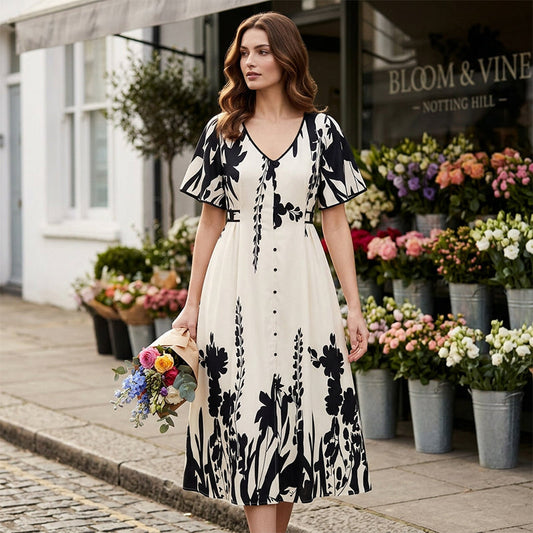 👗 59% KORTING NU! 🌿 Zachte Botanische Print V-Hals Midi Jurk – Elegant, Lichtgewicht & Veelzijdig voor Elke Gelegenheid 🌸