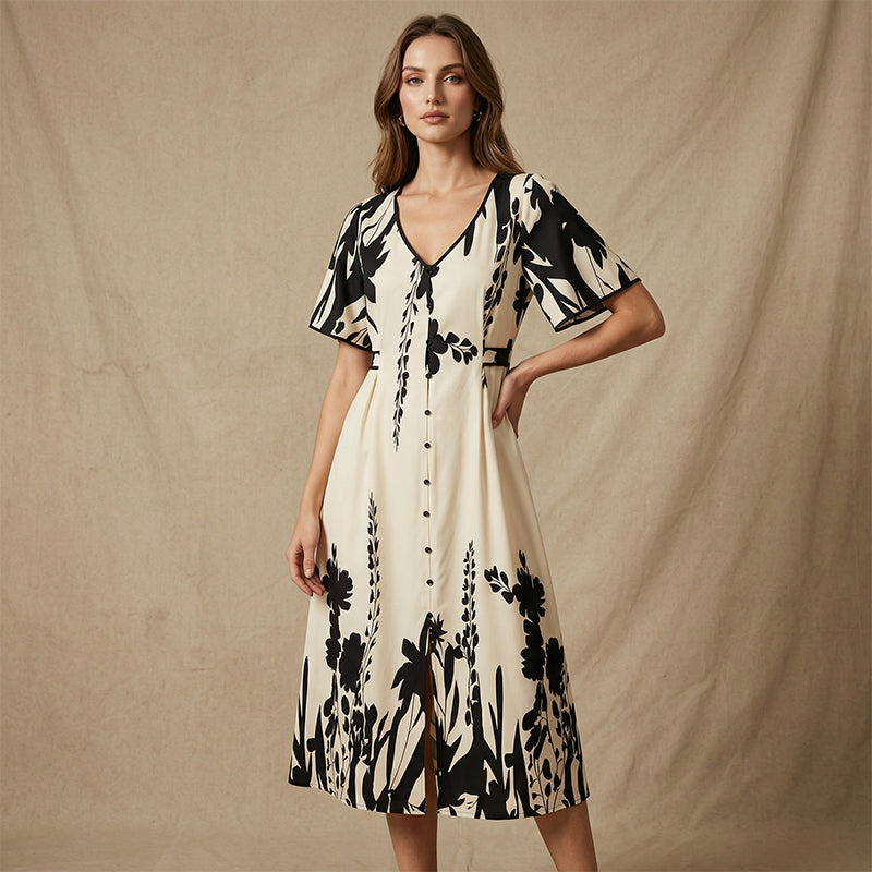 👗 59% KORTING NU! 🌿 Zachte Botanische Print V-Hals Midi Jurk – Elegant, Lichtgewicht & Veelzijdig voor Elke Gelegenheid 🌸