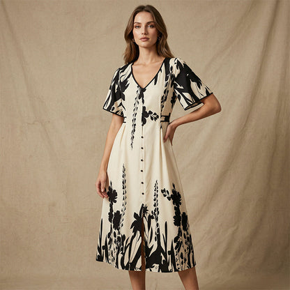 👗 59% KORTING NU! 🌿 Zachte Botanische Print V-Hals Midi Jurk – Elegant, Lichtgewicht & Veelzijdig voor Elke Gelegenheid 🌸