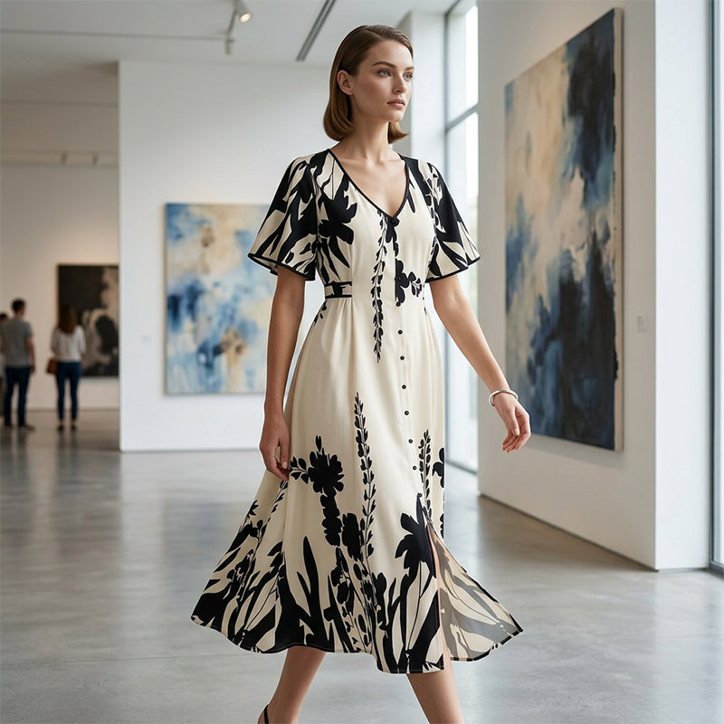 👗 59% KORTING NU! 🌿 Zachte Botanische Print V-Hals Midi Jurk – Elegant, Lichtgewicht & Veelzijdig voor Elke Gelegenheid 🌸