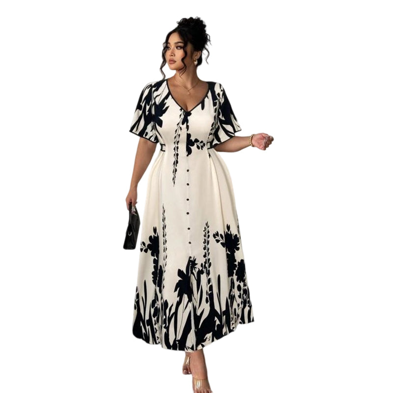 👗 59% KORTING NU! 🌿 Zachte Botanische Print V-Hals Midi Jurk – Elegant, Lichtgewicht & Veelzijdig voor Elke Gelegenheid 🌸