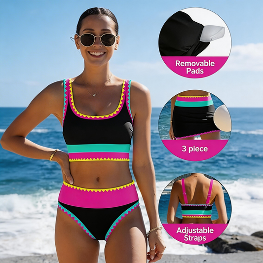 👙Sportieve 3-delige Nylon Bikini Set met Kleurvlakken