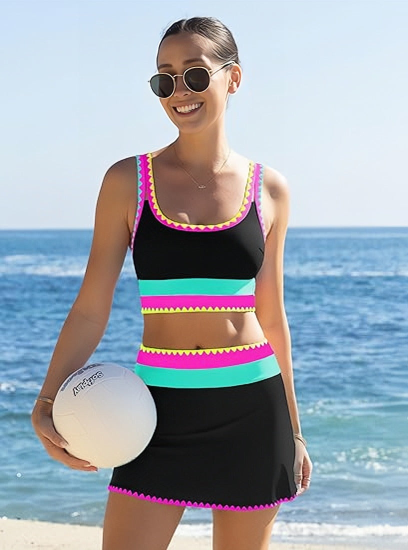👙Sportieve 3-delige Nylon Bikini Set met Kleurvlakken