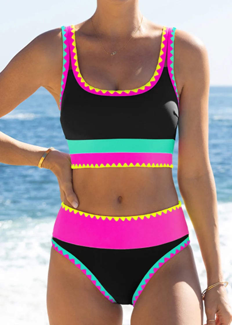 👙Sportieve 3-delige Nylon Bikini Set met Kleurvlakken