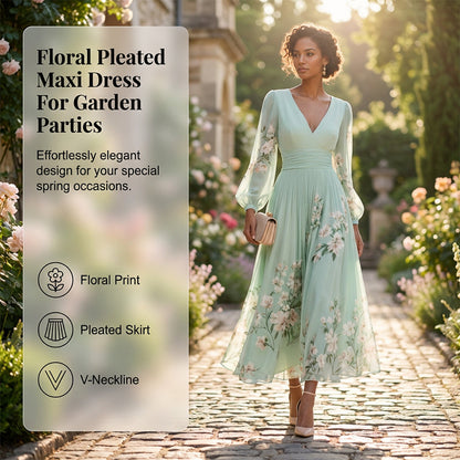Floral Print V-Neck Long Sleeve Pleated Dress