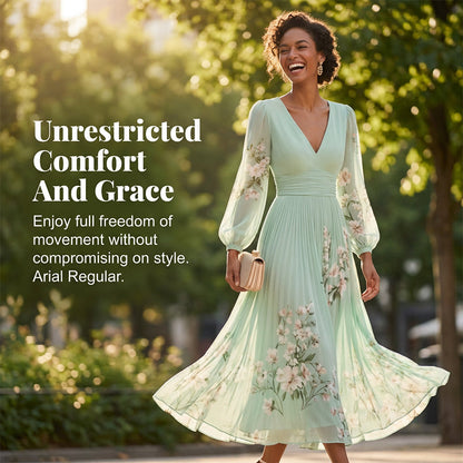 Floral Print V-Neck Long Sleeve Pleated Dress