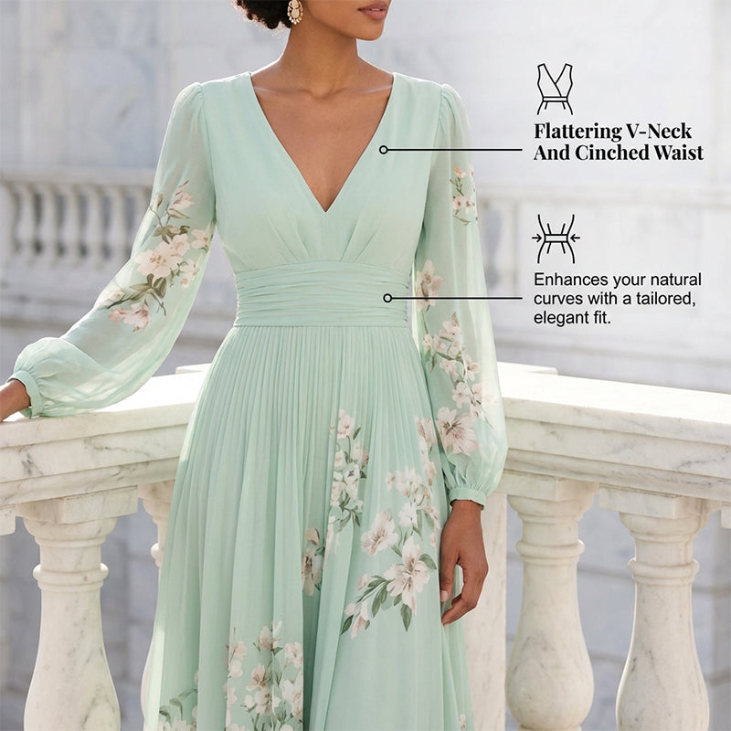 Floral Print V-Neck Long Sleeve Pleated Dress