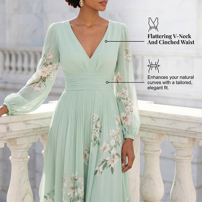 Floral Print V-Neck Long Sleeve Pleated Dress