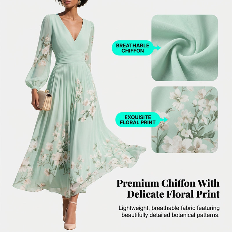 Floral Print V-Neck Long Sleeve Pleated Dress