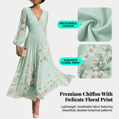 Floral Print V-Neck Long Sleeve Pleated Dress