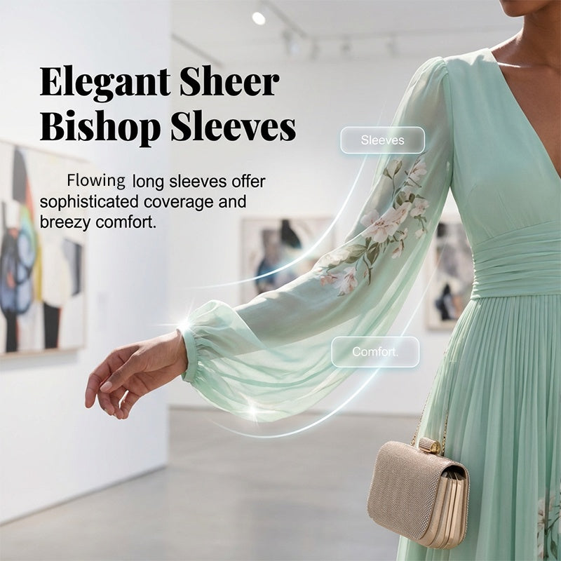 Floral Print V-Neck Long Sleeve Pleated Dress