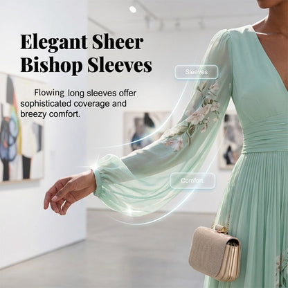 Floral Print V-Neck Long Sleeve Pleated Dress