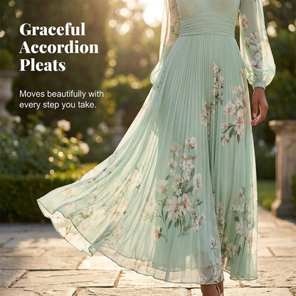 Floral Print V-Neck Long Sleeve Pleated Dress