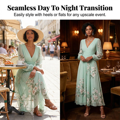 Floral Print V-Neck Long Sleeve Pleated Dress