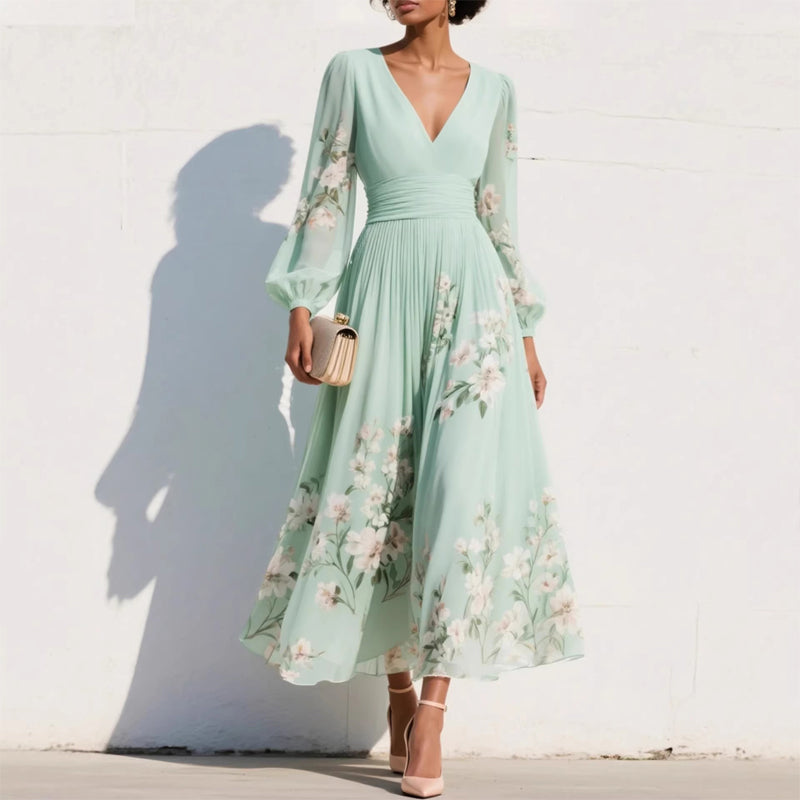 Floral Print V-Neck Long Sleeve Pleated Dress