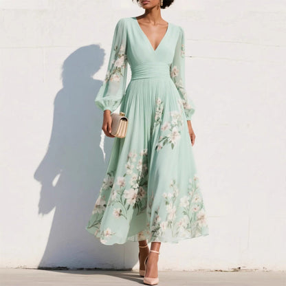 Floral Print V-Neck Long Sleeve Pleated Dress