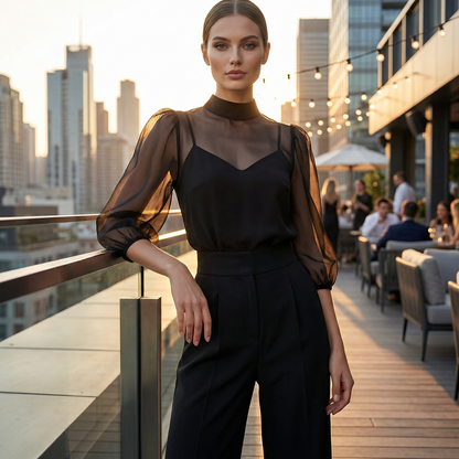 💃 Jumpsuit met hoge kraag en pofmouwen voor dames | Veelzijdig en flatterend