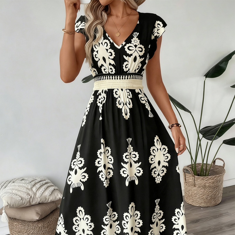 🌸 51% Korting – Elegante Jurk met V-hals & Barokprint | Luchtig, Comfortabel & Vrouwelijk