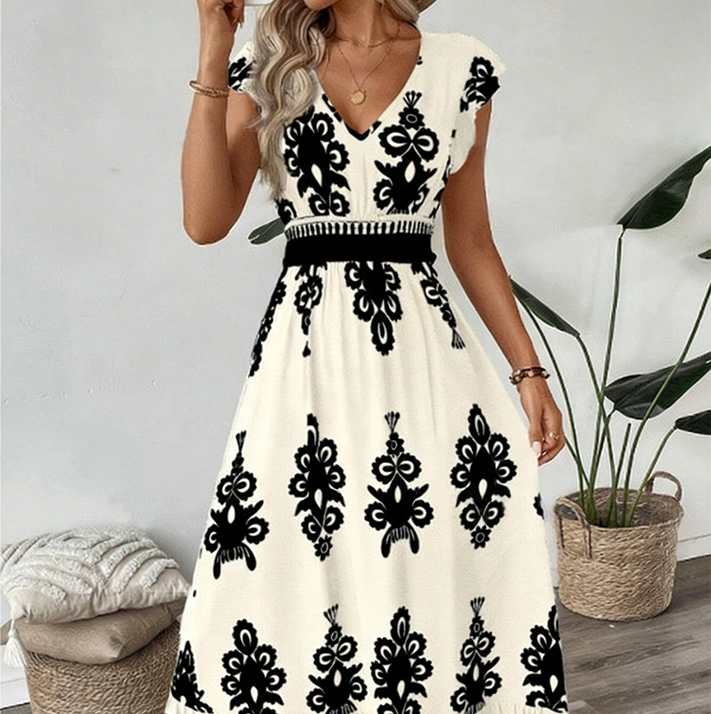 🌸 51% Korting – Elegante Jurk met V-hals & Barokprint | Luchtig, Comfortabel & Vrouwelijk