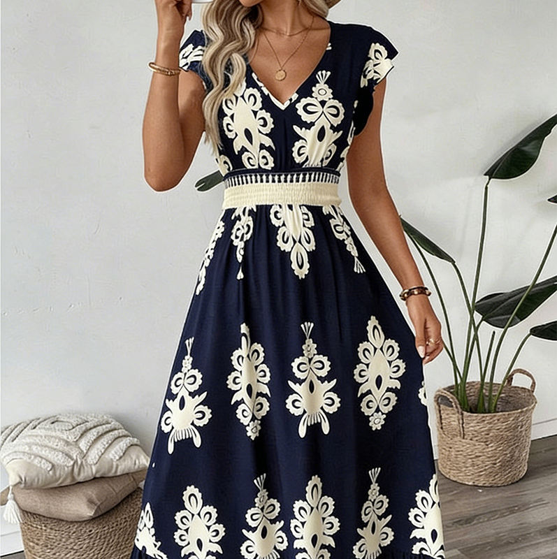 🌸 51% Korting – Elegante Jurk met V-hals & Barokprint | Luchtig, Comfortabel & Vrouwelijk