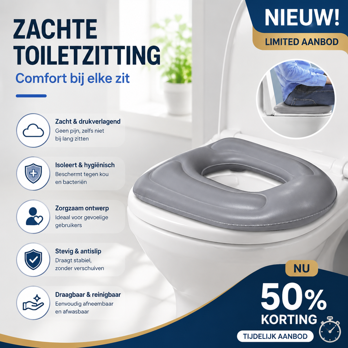 💥NIEUW 50% KORTING🚽Zacht comfortabel toiletkussen, waterdicht en eenvoudig schoon te maken, ideaal voor ouderen en zwangere vrouwen