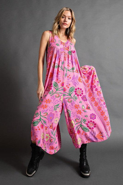 Vintage floral print loose sleeveless jumpsuit-FREE SHIPPING