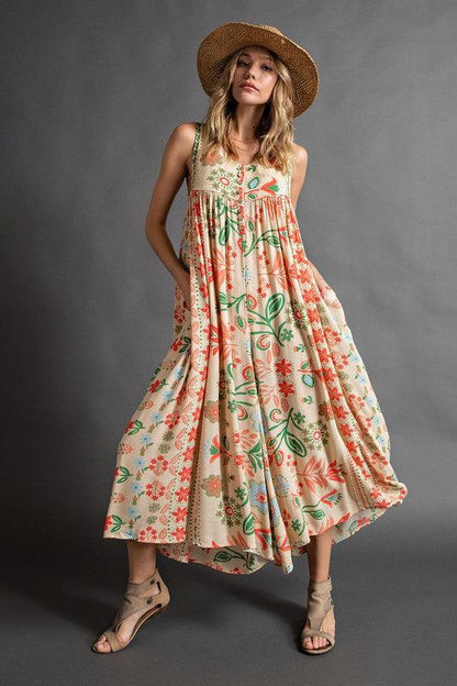 Vintage floral print loose sleeveless jumpsuit-FREE SHIPPING