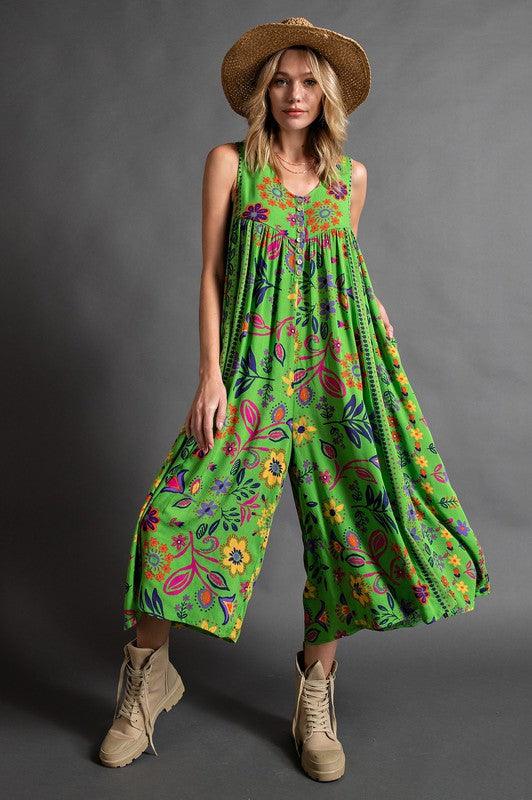 Vintage floral print loose sleeveless jumpsuit-FREE SHIPPING