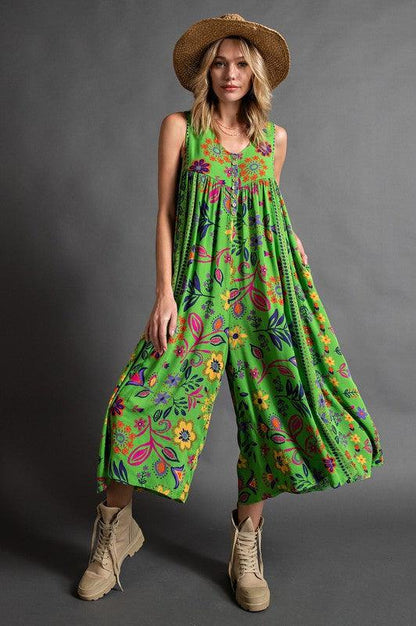 Vintage floral print loose sleeveless jumpsuit-FREE SHIPPING